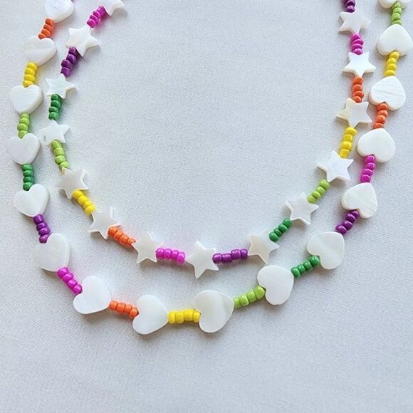 Rainbow Seed Bead Mother of Pearl Hearts Necklace - Picture 1 of 6